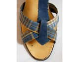 Size 7 Madras Plaid Sandals - 1950s Blue Summer Shoe - 50s Preppie Beach Resort Casual - Preppy - Wooden Heel - As Is Deadstock - 36881-1