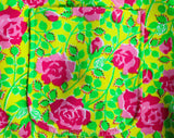 Lilly Pulitzer Pants - Size 10 Pink Roses Print - Green & Yellow Polyester Knit Preppie 70s Pant - 1970s Spring Novelty Print - Waist to 32