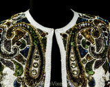 Size 6 Gorgeous Sequined Paisley Jacket - 90s Formal Evening Wear - White Silk Chiffon Beads & Sequins - Blue Gold Green Silver - Bust 33.5