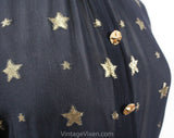 Size 6 Gold Star Blouse - Celestial 1980s Designer Small Long Sleeve Shirt - Gloria Sachs - Navy Blue Sheer Chiffon & Metallic - Bust 34