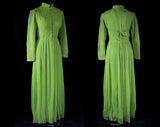 Size 10 Evening Dress - 1960s Sheer Pistachio Organdy - Pleated Pastel Mint Green Silk - 60s Renaissance Style Fair Maiden Gown - Waist 28