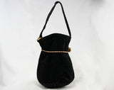 Deco 1930s Black Suede Bag - 30s Purse with Metallic Gold Cord & Lining - Pouch Style Handbag - Suede Is Crocking Color - Strap As Is