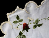 Strawberries Antique Linens - Society Silk Embroidered Victorian Linen - Doily 1900s Round Centerpiece - Botanical Strawberry Embroidery