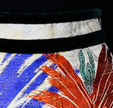 Size 8 Kimono Silk Skirt - Grand Feather Leaf Pattern Satin Brocade Maxi - 1960s Ankle Length - Orange Bottle Green Blue Yellow - Waist 26.5