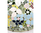 Large Tile Mosaic Brass Plate - Chic Bohemian Pastel 1960s 70s Flowers & Leaves Tilework - Round Curved Fruit Bowl with 60s Wall Hanger