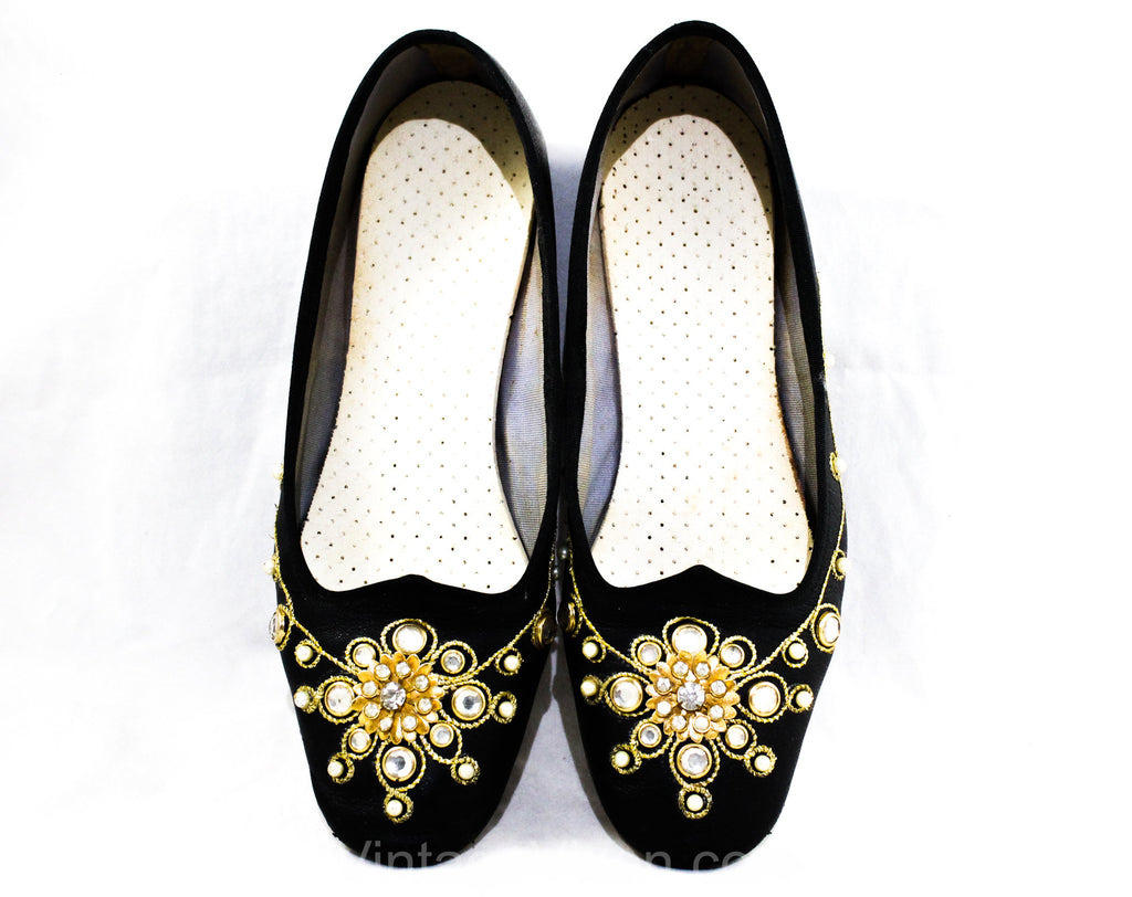 Size 8.5 Black Boudoir Shoes - 1960s Black Glamour Girl Indoor Outdoor Slippers with Starburst Rhinestones & Metallic Gold - Size 8 1/2 B