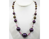 Antique Inspired Purple Necklace & Earrings - Baroque Style 1950s Gold Color Metal Filigree - Faceted Glass - 50s Bauble Clips - 42578