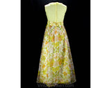 Size 6 Garden Party Dress - 60s Yellow Floral Empire Gown with Hippie Era Flower Print - Sleeveless Ruffle Neckline & Raised Waist - Bust 34