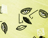 Surreal Print Fabric - 1.5 Yards 1980s Eyes & Lips Novelty Print Yellow Cotton Blend - New Wave 80s Street Chic - Cute Summer Dress Fabric