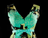 Size 8 Turquoise 1960s Cocktail Dress - Aqua Blue & Mint Green Floral - 60s Party Frock - Velvet Ribbon - Full Skirt - Bust 35 - 35007
