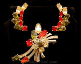 Elegant 1950s Rhinestone Pin and Earrings Set - Festive Holiday Red & Green Glass - 1950s Demi Parure Jewelry - Christmas Colors - 33998
