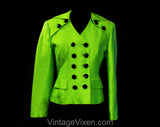 Size 8 Christian Dior Suit Jacket - Electric Lime Green Double Breasted Blazer with Black Buttons - Sharp 1990s Power Suit Chic - Bust 36