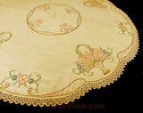 40s Embroidered Tablecloth - 1940s Spring Oval Flower Baskets - Antique Tea Colored Beige - Pink Blue Green Brown - Sweet Daisy Flowers