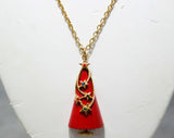 60s Modern Christmas Tree Necklace Pendant & Chain - Celestial Rhinestone Stars - 1960s Art Company - Red Holiday Jewelry - Enamel Metal