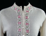 Size Small 1950s Cardigan - Exquisite Pink Roses Ribbon Brocade - 50s Button Front White Sweater - Soft As Cashmere - Deadstock - Bust 39.5