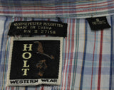 Small Men's Western Shirt - 1970s Rockabilly Cowboy Mens Top - Short Sleeved Blue Maroon White Plaid Cotton - Holt - Neck 14.5 - Chest 38