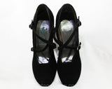 Size 5 1940s Black Suede Shoes - Unworn Beautiful 40s Pumps with Criss Cross Buckles - Rounded Toe High Heels - Pin Up Girl NOS Deadstock