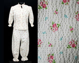 Size 8 40s Pajamas - 1940s Roses Floral Seersucker Pajama Set - White & Pink Summer Cotton - Top and Capri Pant - Bust 36 Waist 28