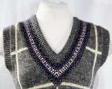 Size 10 Retro Sweater Vest - 1980s Gray Shetland Wool Knit - Ladies Medium Sleeveless Pullover - Lattice & Fair Isle - Cream Blue - Bust 36