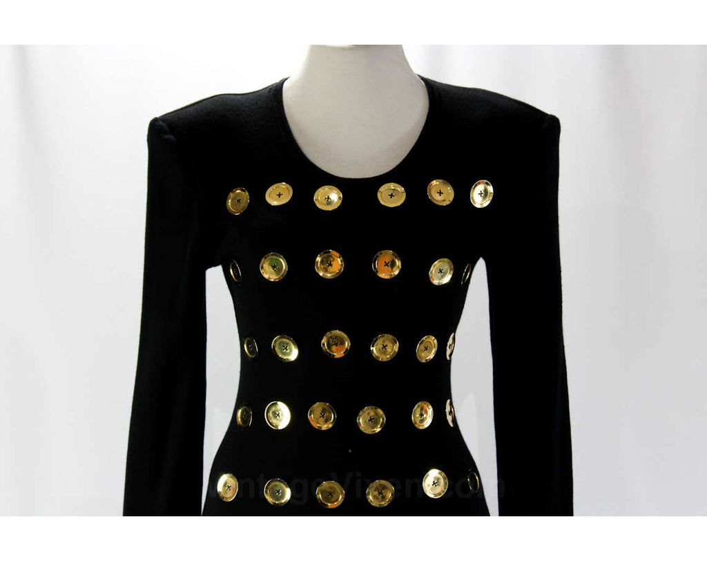 XXS Black Button Dress by Patrick Kelly - Sexy 1980s Haute Designer Kn Vintage Vixen Clothing XXS Black Button Dress by Patrick Kelly - Sexy 1980s Haute Designer Kn Vintage Vixen Clothing