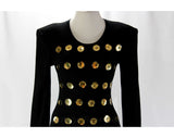 XXS Black Button Dress by Patrick Kelly - Sexy 1980s Haute Designer Knit Sheath with Brass Buttons - Size 000 - Body Con 80s Long Sleeved