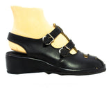 Size 5 Black 1940s Peep Toe Shoes - Small Size 5B Open Toe Platforms - Double Buckle Strap Wedges - Casual Late 40s Sandals - NOS Deadstock