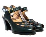 Size 5 1940s Platform Shoes with Mermaid Fish Scales - Emerald Hunter Green Leather Peep Toe Pumps - Gorgeous 40s Deadstock Heels - 5B