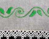 Spearmint Green Embroidered Tablecloth - Oatmeal Natural Linen with Leaves Embroidery & Cotton Crochet Lace - Rustic Square in Spring Hues