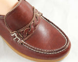 Size 7 1/2 Leather Shoes - Beautiful Quality Loafer Wedges - Fine Cognac Brown Leather - Braid Trim & Wedge Heel - 80s Deadstock - 47718