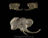 Elephant Brooch & Earrings by Freides NYC - Collectible 1970s 80s Novelty Pin - Gold Hue Metal with Faux Pearl Eyes - African Animal - 50582