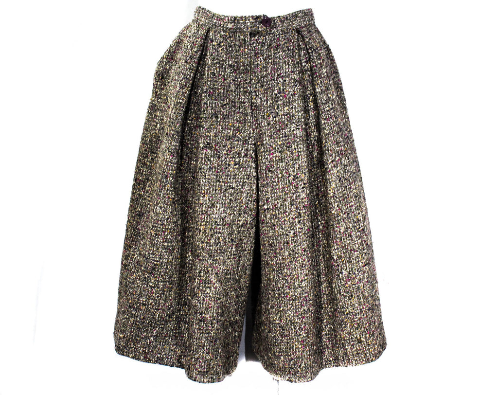 Size 4 Tweed Culotte Skirt - 1960s Early 70s Gray Wool Tweed Skort - Terrific Texture & Color - Orchid Purple Spinach Green Black - Waist 25