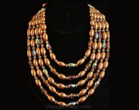 Dramatic 1950s Mocha Glass & Pearls Five-Strand Necklace - Cocoa Brown Pearlized Beads - Multi Strand 50s 60s Necklace - 35562-1