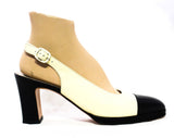 Size 9.5 Ferragamo Shoes - Fine Quality Designer Slingback Pumps - 9 1/2 AA Narrow Bone & Black Two Tone Heels - Leather Toe Caps - Gorgeous