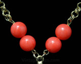 Faux Coral Lariat Style Necklace - Pretty 1960s Summer Resort Jewelry - Orange Plastic Beads - Metal Chain Tassel - 60s Jewelry - 44293