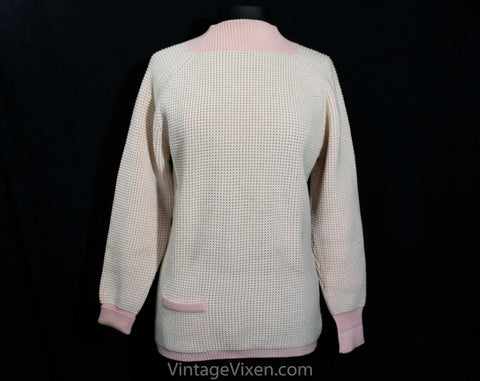 Size 4 Pink Sweater - Late 1950s Early 1960s Wool Pullover - Winter Ski Bunny 60s Preppie Cute - Oversized Fine Waffle Knit from Germany
