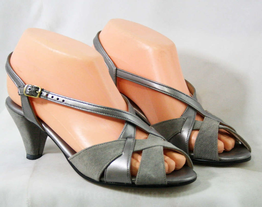 Deco Style 70s Sandals - Size 6 1/2 M - Metallic Silver & Gray Suede 1970s Shoes - Deadstock - Peep Toe - Slingback - Hush Puppies - 43219-3