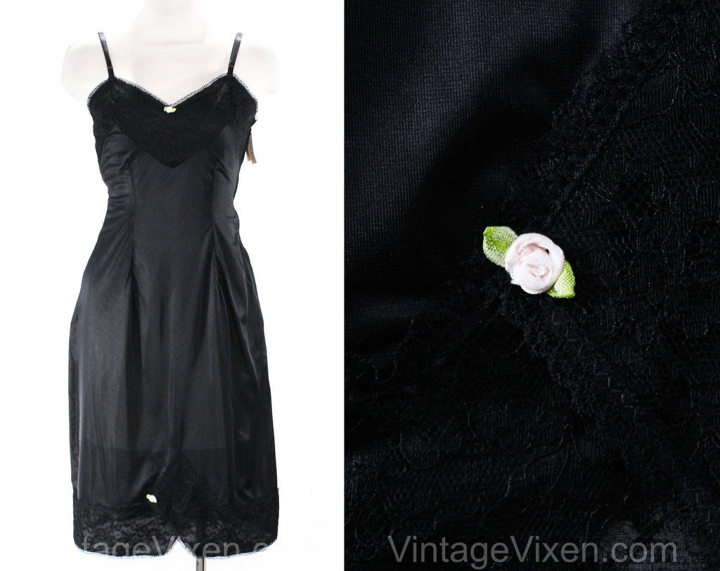 Size 8 Black Full Slip - 1950s 1960s Pin Up Girl Lingerie - Nylon Tricot & Lace - Pink Ribbon Rosettes - Classic 50s Deadstock - Bust 34.5