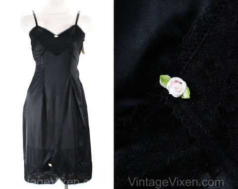 Size 4 Black Full Slip - 1950s 60s Nylon Tricot & Lace Lingerie - Pink Ribbon Rosettes - Classic 50s Deadstock - Bust 34.5 - Mint Condition