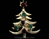 Cute 1950s Christmas Tree Earrings - Winter Red & Green Rhinestones Metal Clip Earring - Festive Holiday Jewelry - Gold Hue Metal - 50537