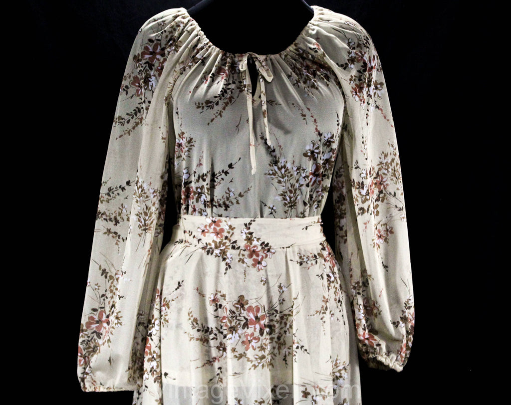 Size 10 Peasant Dress - Beige Daisy Print 70s Sheer Boho Top & Flared Vintage Vixen Clothing Size 10 Peasant Dress - Beige Daisy Print 70s Sheer Boho Top & Flared Vintage Vixen Clothing