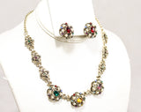 Antique Style Necklace & Earrings - Victorian Look 1950s 1960s Ornate Gold Demi Parure - Green Gold Purple Red Rhinestones and Pearls
