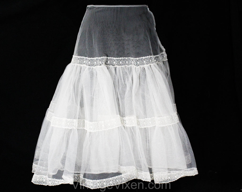 Small 1950s White Petticoat with Sheer Tulle Flounces - Size 6 Full Skirt Crinoline - 50s Pretty Pin-Up Lingerie by Anne Fogarty - Waist 26