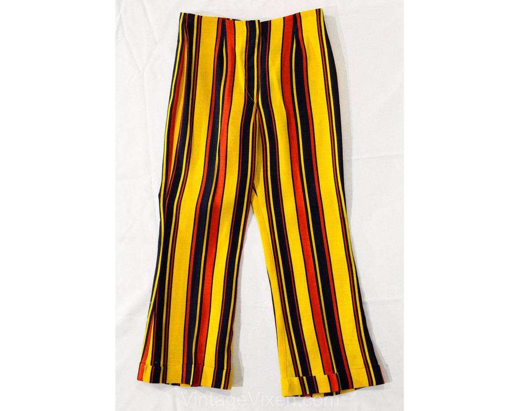 Child's Size 8 1960s Pants - Girls Mod Circus Stripes Wide Leg Trousers - Yellow Red Navy Blue 60s Children's Bell Bottoms - Waist 23