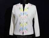 Size 12 Cardigan - Large 1960s White Sweater with Pastel Ribbon Embroidery - Spring 60s Pink Yellow Blue Flowers & French Knots - Bust 39