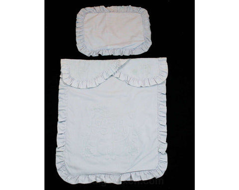 Baby Boy's Crib Blanket - 1950s Soft Blue Coverlet & Matching Pillow - 50s - Trapunto Chain Stitching - 'Baby' in Cursive - Layette - 43887