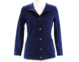 Size 6 Navy Cardigan - 1970s Button Front Sweater - Dark Blue Preppy Late 1960s Jumper - Brassy Crest Buttons - Two Hip Pockets - Bust 34