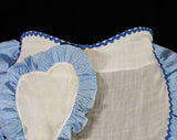 1940s Gingham Apron with Sheer Heart Shapes - Small Size 40s Half Apron - 40's Sweetheart Housewife Blue & White Cotton - Rick Rack