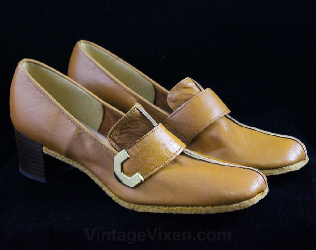 Size 6 Leather Shoes - Unworn 1960s Light Brown Loafer Style Pumps - Caramel Tan - Faux Buckles - 60s Mod Deadstock - 6M - Charm Step