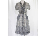 Size 6 1940s Dress - Sheer Nylon Summer Frock - Late 40s Early 50s Short Sleeve - Navy Blue & White Fish Scales Novelty Print - Waist 26