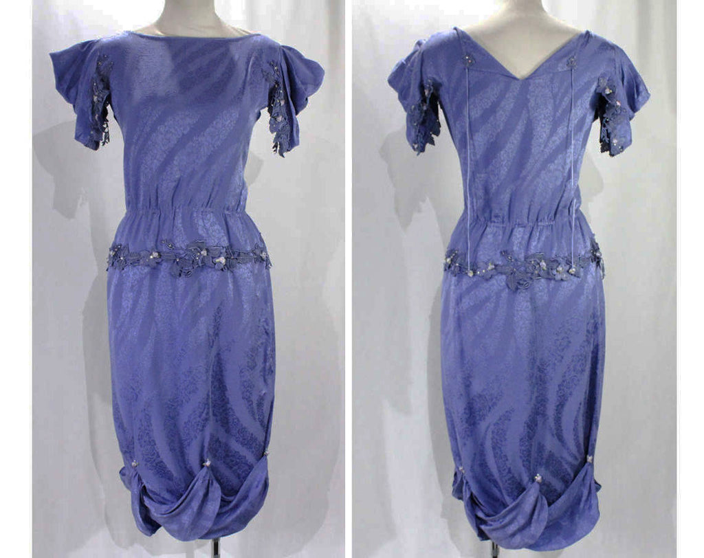 Size 8 Designer Dress with Special Details - Periwinkle Indigo Purple Silk Brocade - Leafy Appliques & Hand Beading - Swag Skirt - Bust 36
